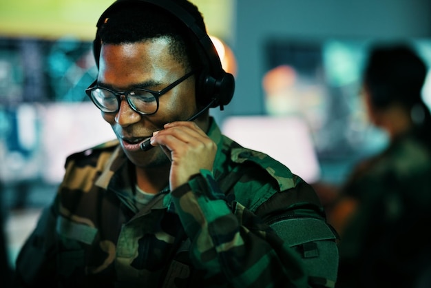 Premium Photo Control Room Man Surveillance And Military Communication Army Risk Dispatch Or